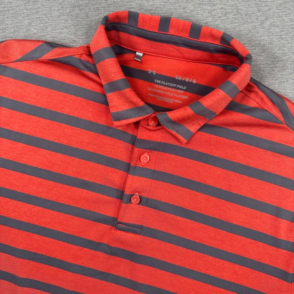 Under Armour Playoff‎ Polo Shirt Mens L Orange Grey Striped Golf Short Sleeve